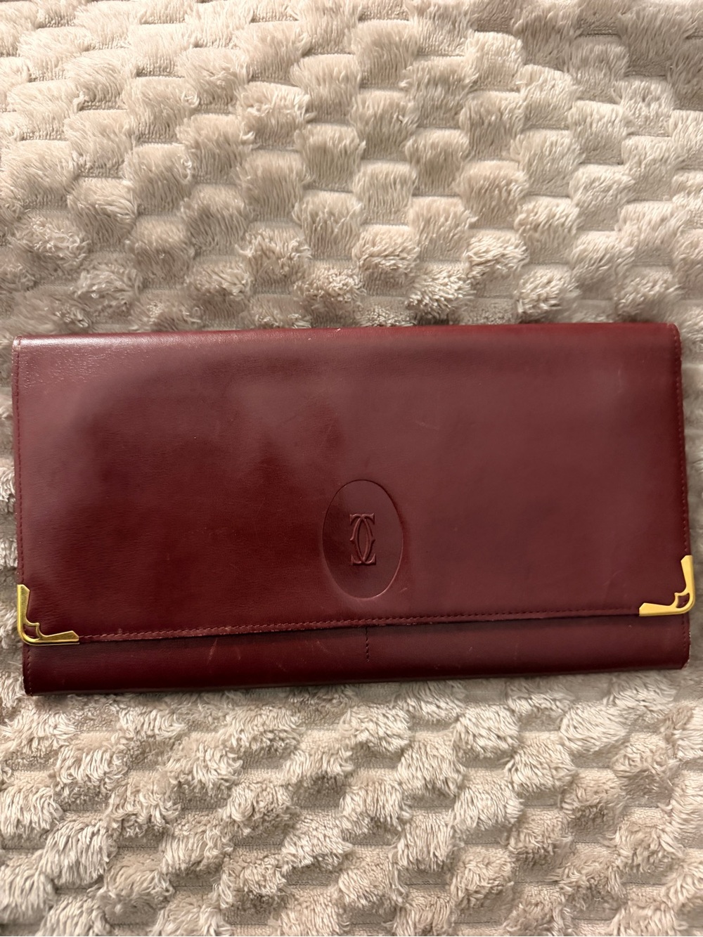Cartier Burgundy Leather Clutch with Gold Corner Hardware